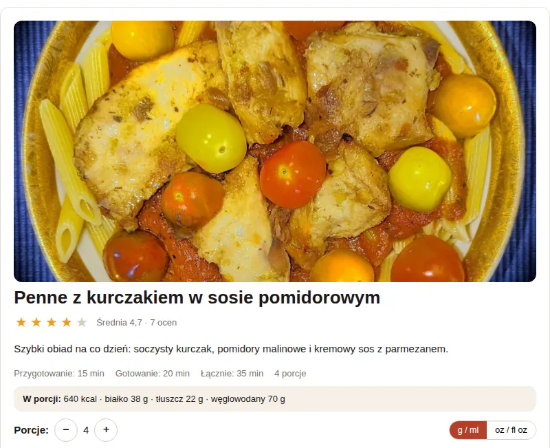 Karta przepisu Penne z kurczakiem w sklepie Shoper: zdjęcie dania, ocena 4,7, wartości odżywcze i przełącznik liczby porcji.