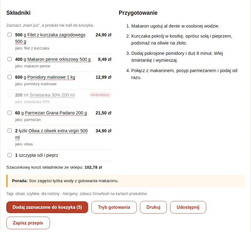 Śmietanka bez stanu jest wyszarzona z oznaczeniem niedostępny i nie ma pola wyboru, przycisk pokazuje pięć produktów.