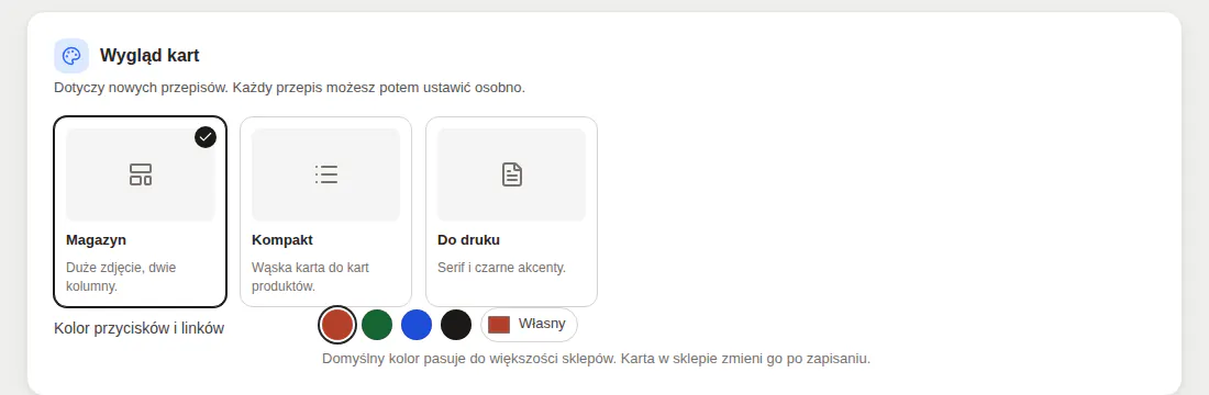 Panel, zakładka Ustawienia: wybór układu karty Magazyn, Kompakt albo Do druku i kolory przycisków.