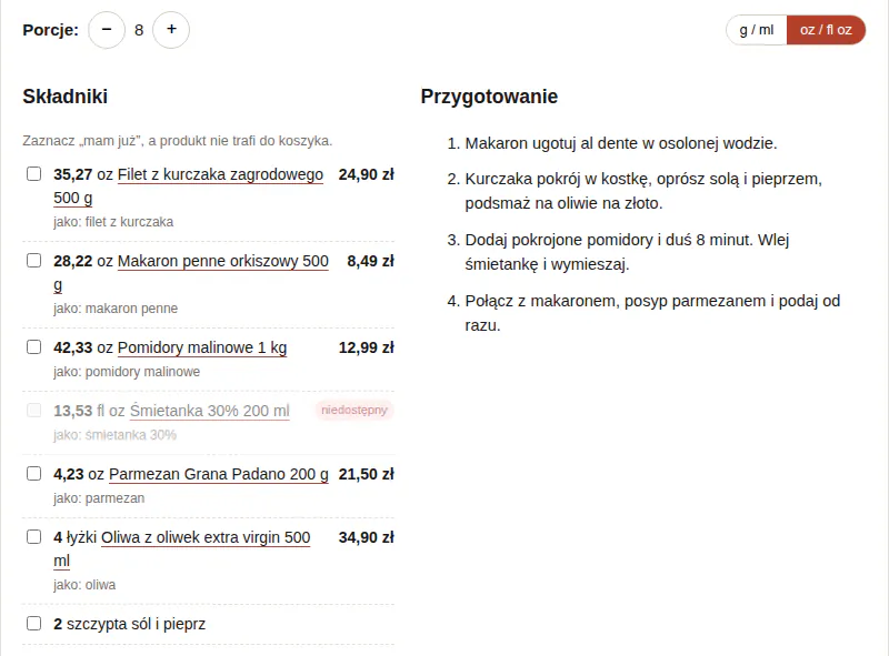 Karta po zmianie z czterech na osiem porcji i przełączeniu na uncje: ilości składników zostały przeliczone, na przykład 35,27 oz filetu.