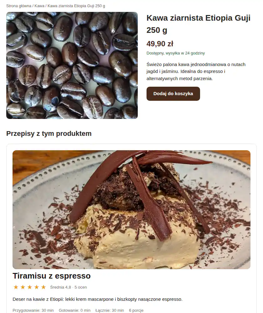 Karta produktu Kawa ziarnista Etiopia Guji w sklepie z kawą, a pod nią sekcja Przepisy z tym produktem z kartą Tiramisu z espresso.