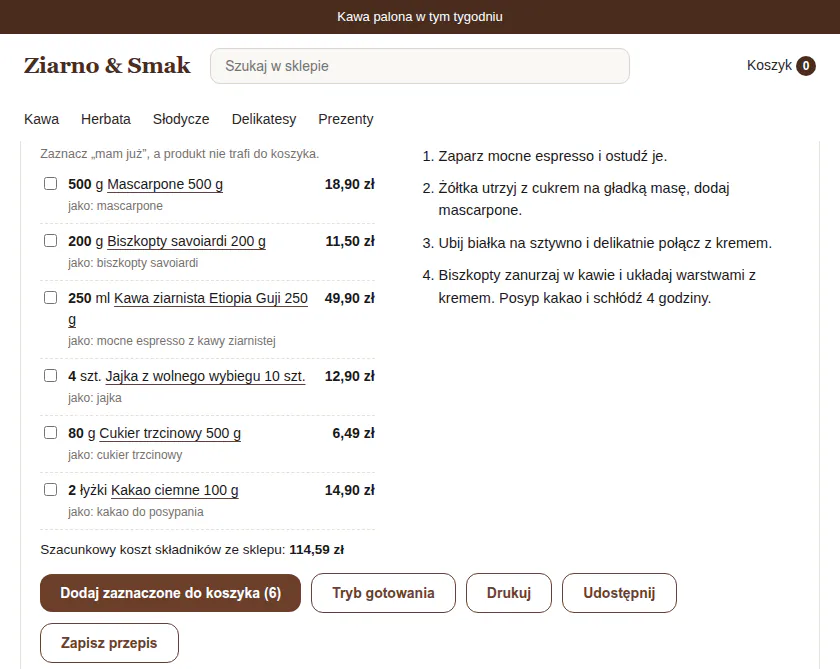 Sklep z kawą w szablonie Storefront: nagłówek Ziarno & Smak i lista składników tiramisu, od mascarpone po kawę ziarnistą z cenami, a pod nią przycisk Dodaj zaznaczone do koszyka (6).