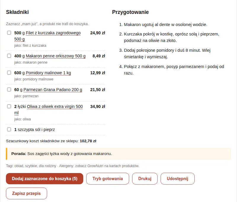 Ta sama karta z włączonym ukrywaniem niedostępnych produktów: śmietanki nie ma na liście składników.