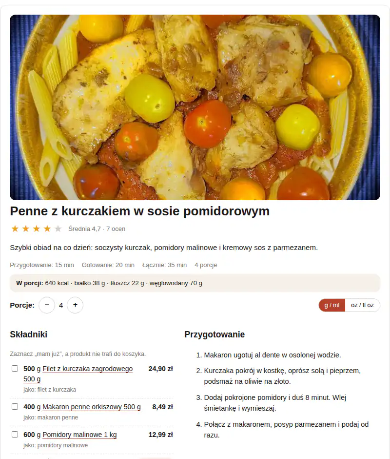 Układ Magazyn: duże zdjęcie dania, tytuł, ocena, czas, wartości odżywcze, porcje i pierwsze składniki z cenami.