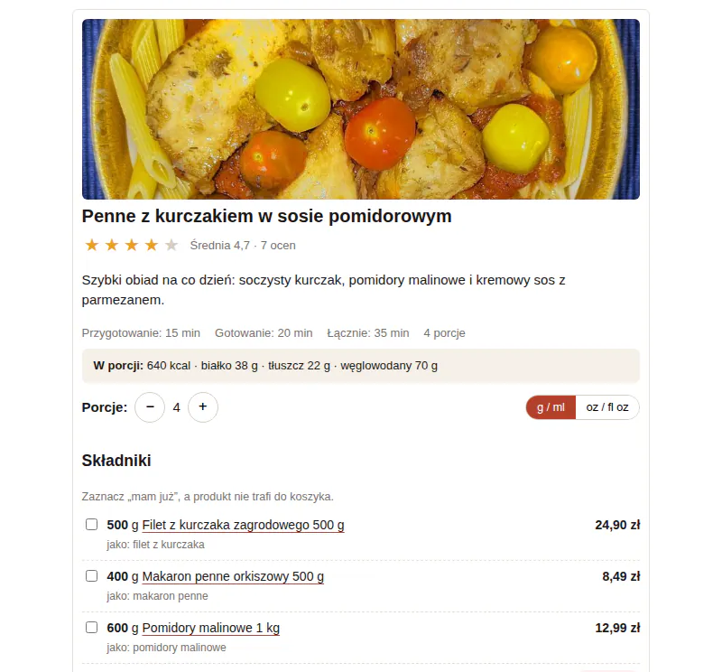 Układ Kompakt: węższa karta z mniejszym zdjęciem i listą składników w jednej kolumnie.